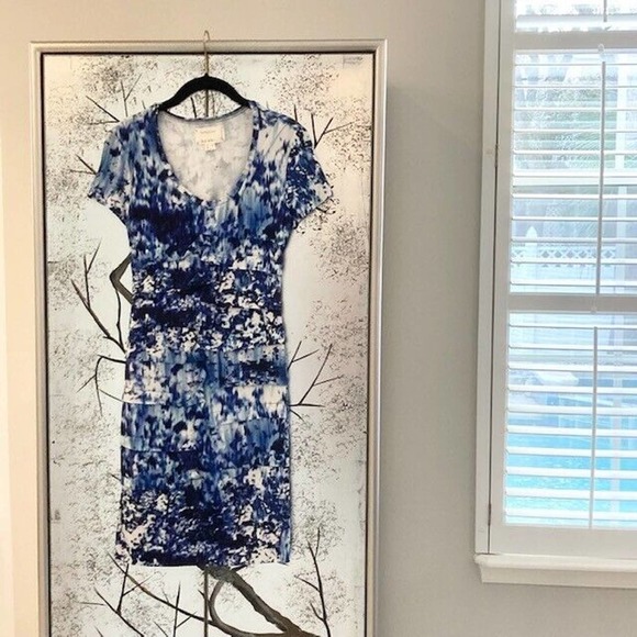 Nicole Miller $300 Women's Small Blue Purple Print Tiered Tidal Pleat Dress - Picture 4 of 13